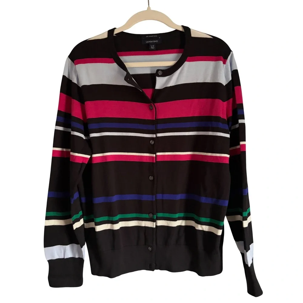 Lands End Womens Large Petite Supima Cotton Striped Cardigan Sweater Multi Color